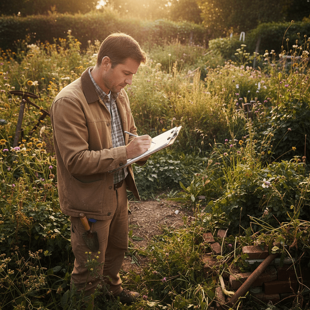 Surveyor inspecting a cluttered property to assess clearance needs