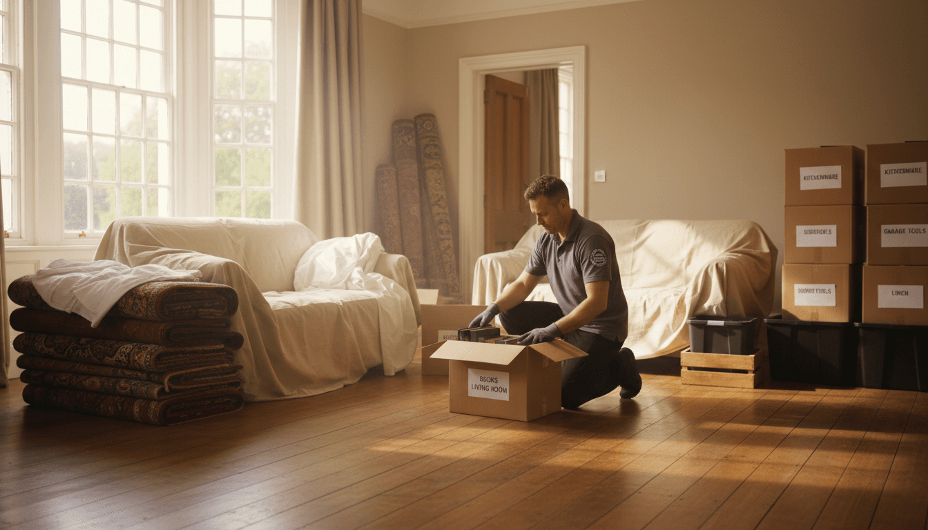 Professional house clearance team member organizing household items in a bright, organized space