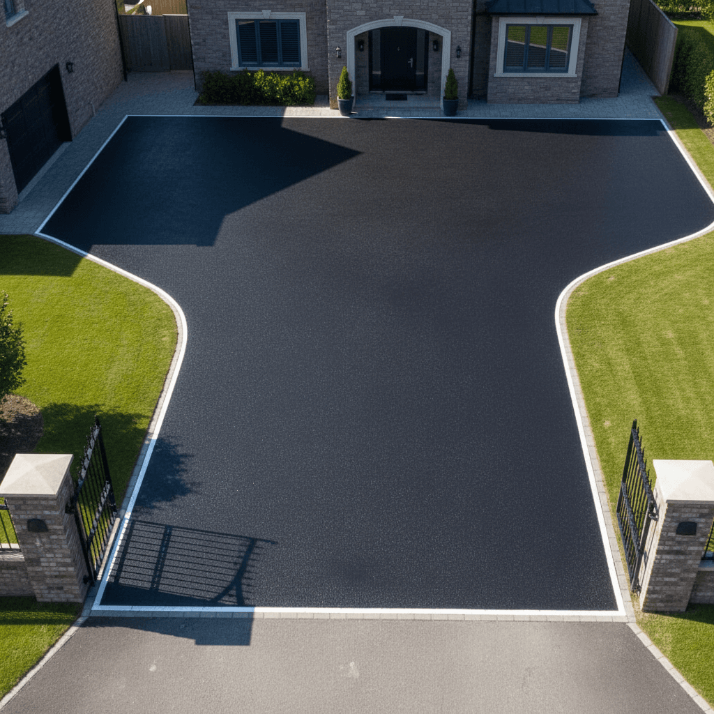 Professional tarmac driveway sealcoating on residential property