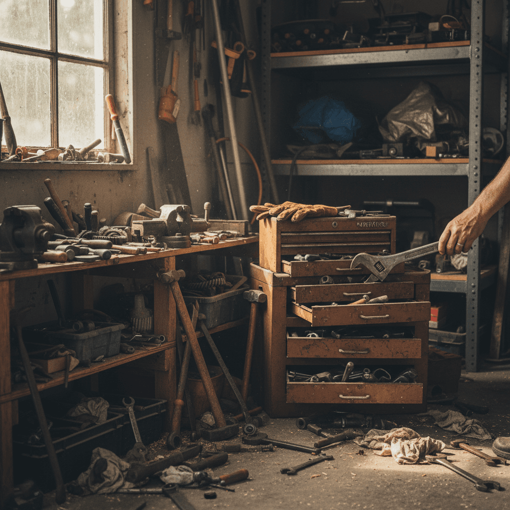 Cluttered garage with tools and equipment before clearance