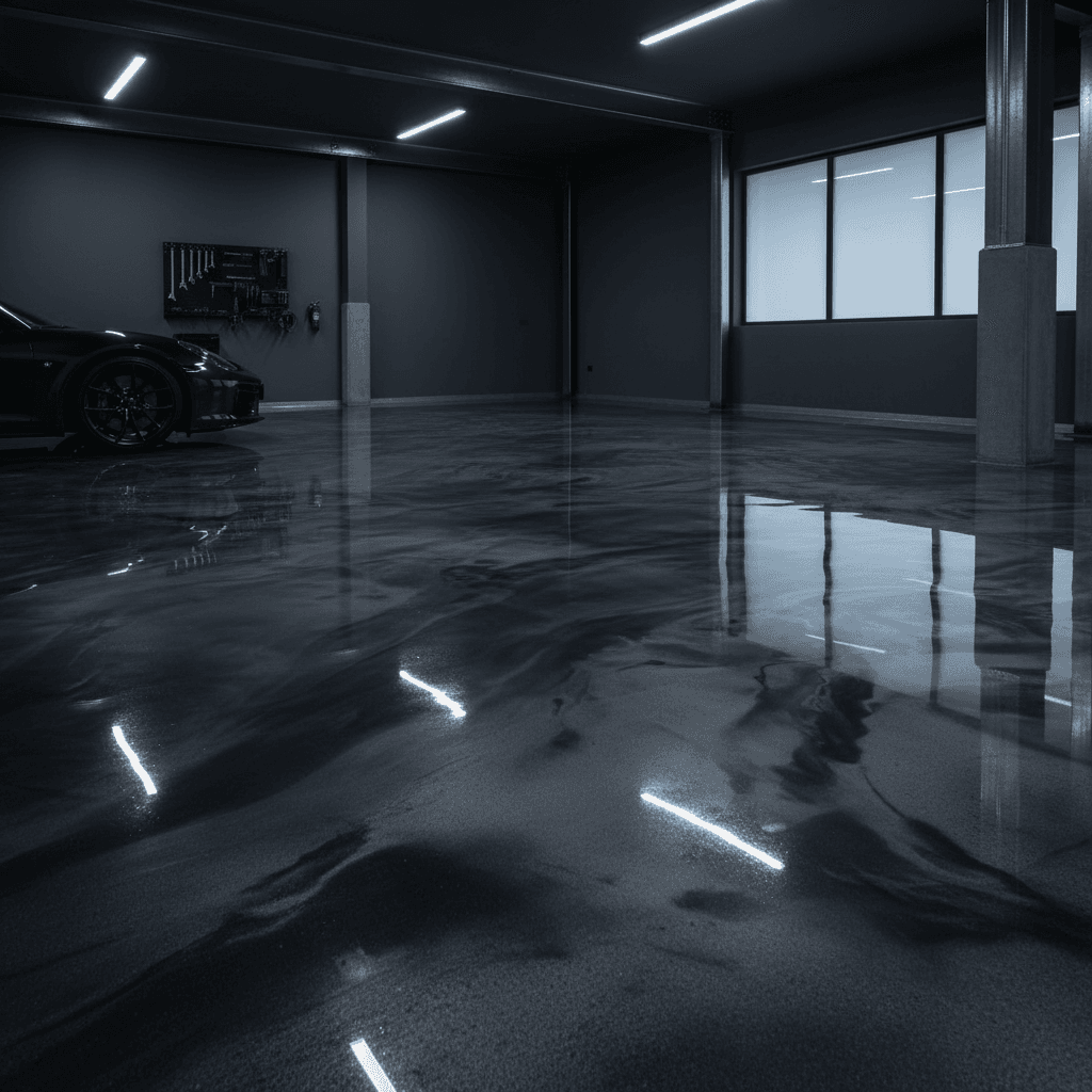 Glossy epoxy resin garage flooring with professional finish