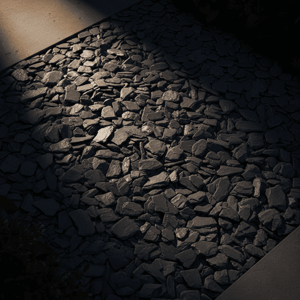 Slate chippings overhead view showing angular dark stones