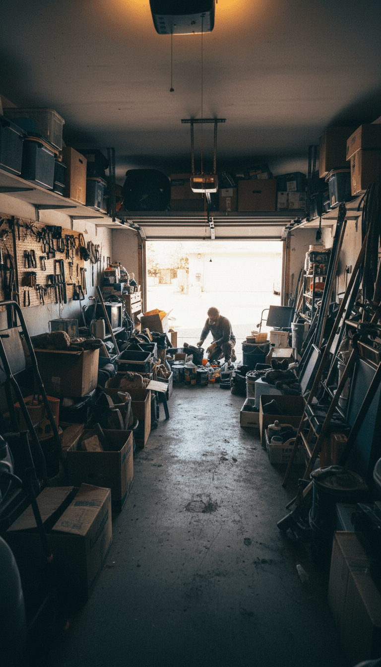 Cluttered residential garage interior during major cleanout project with natural light streaming through open door