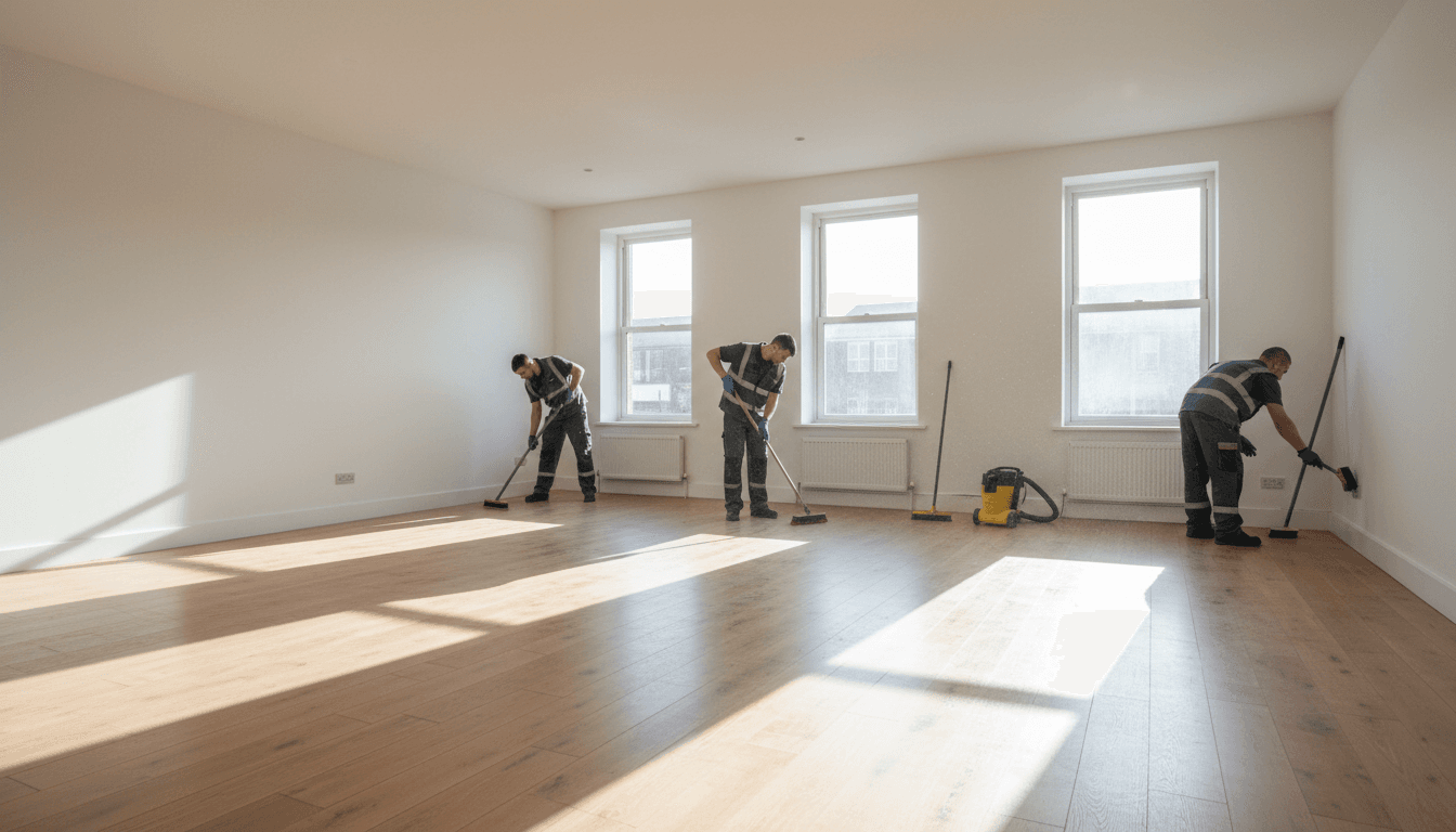 Professional workers inspecting and cleaning a bright, empty room with polished floors and white walls after clearance work