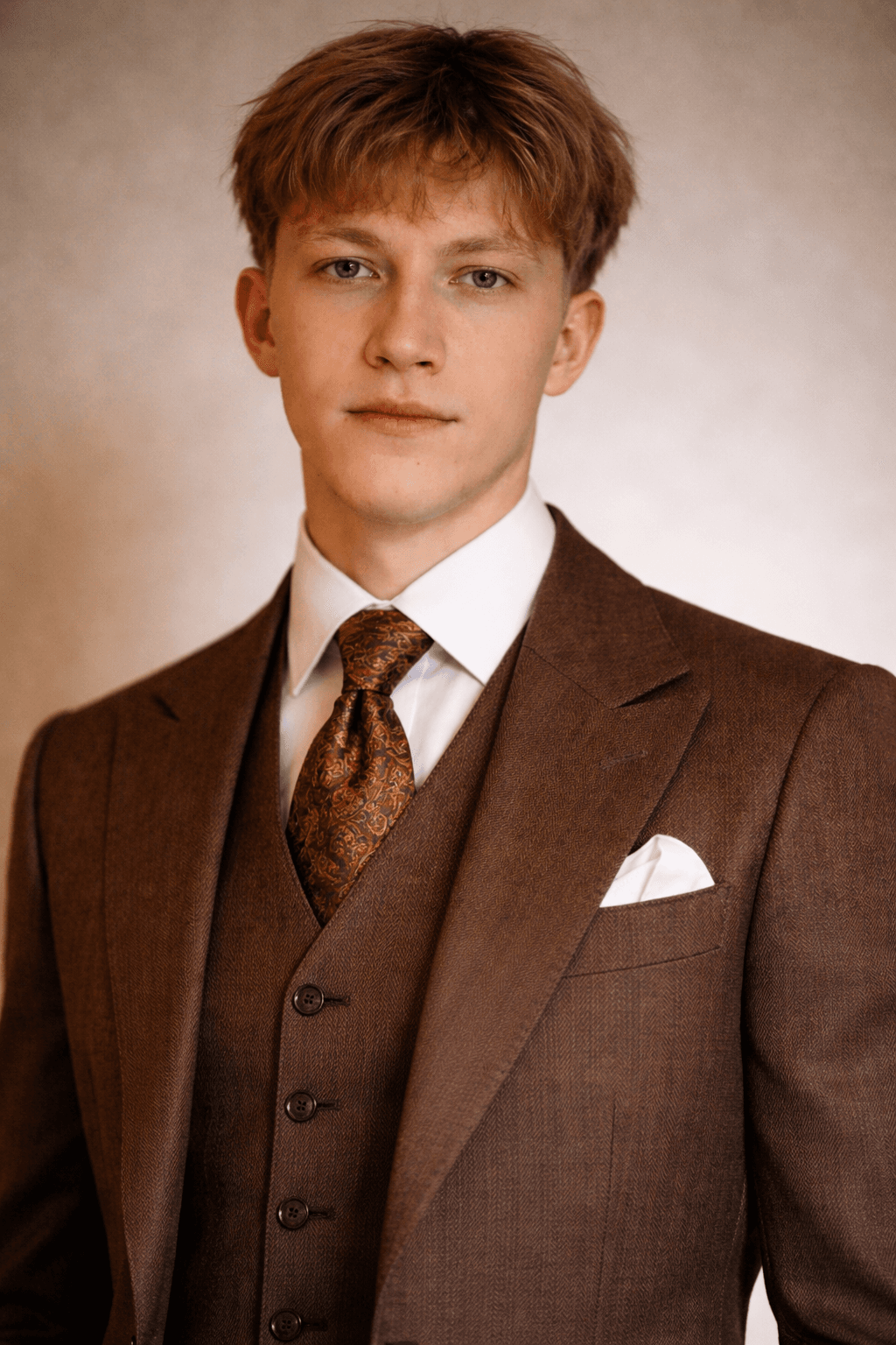 A young man in a brown three-piece suit, patterned tie, and white pocket square.
