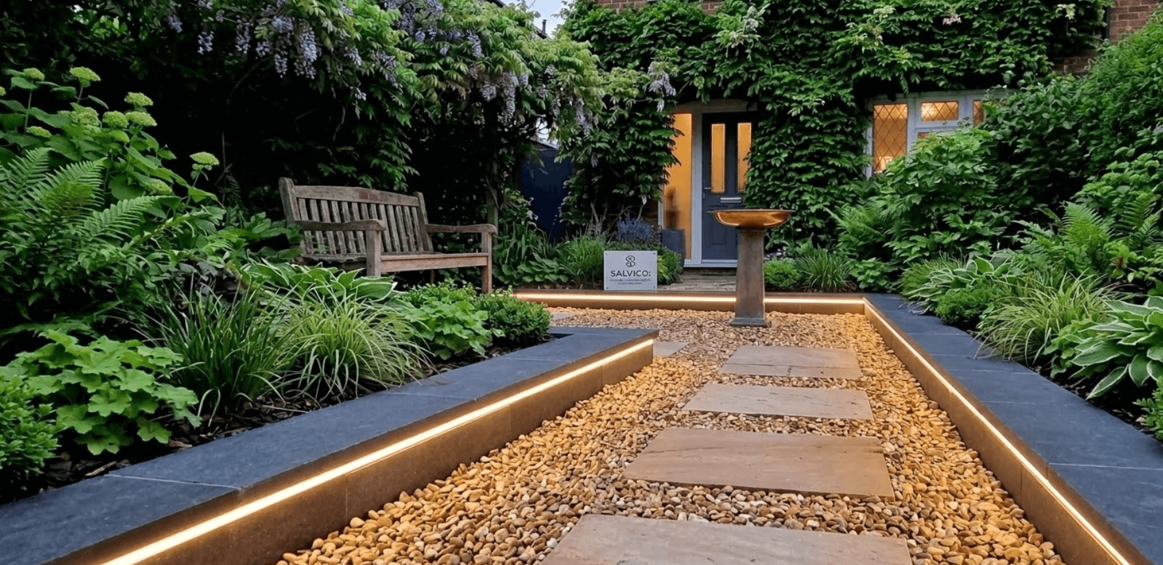 Illuminated gravel garden path with stone pavers, lush greenery, and warm LED strip lighting.