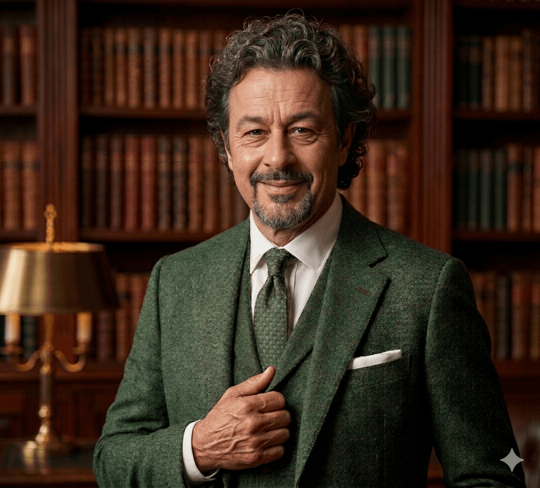 Smiling man in a green tweed three-piece suit standing in front of a library bookshelf.