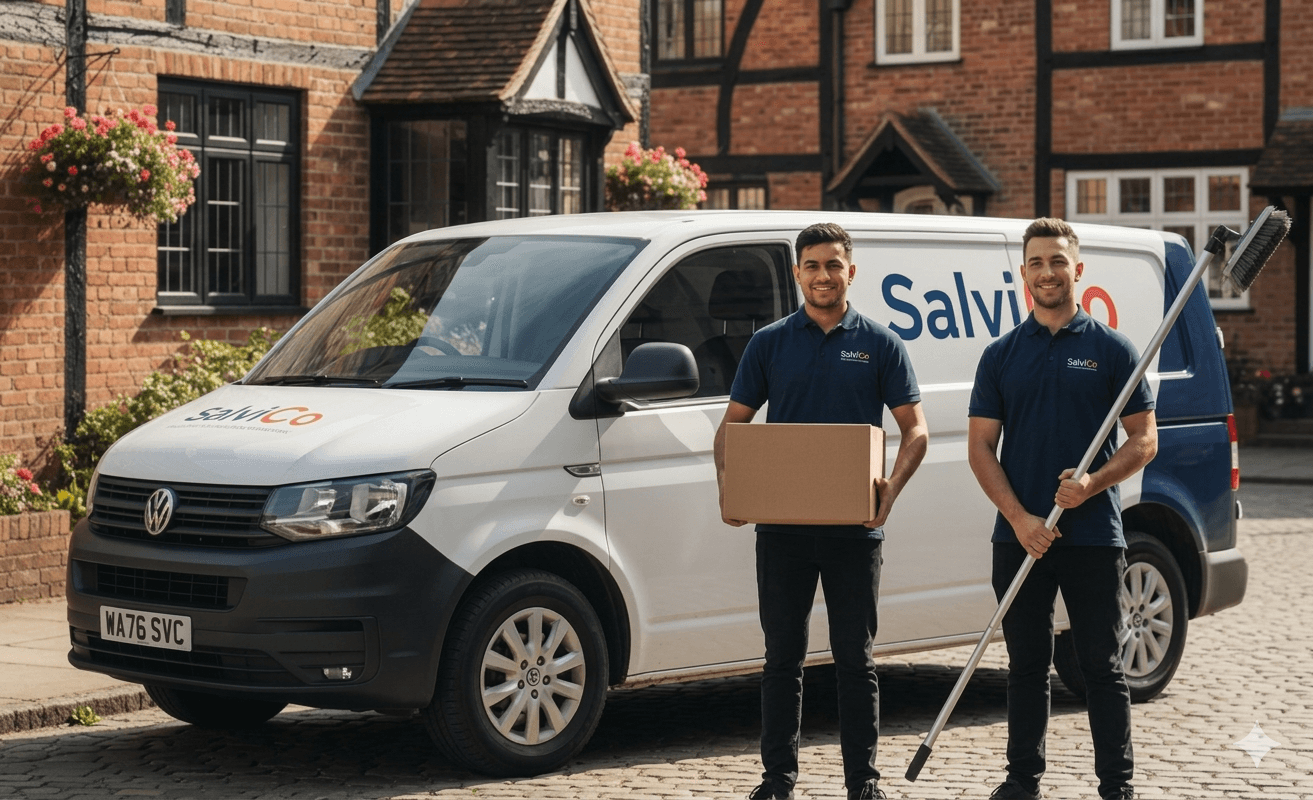 Two service workers stand by a white SalviCo van holding a box and brush.