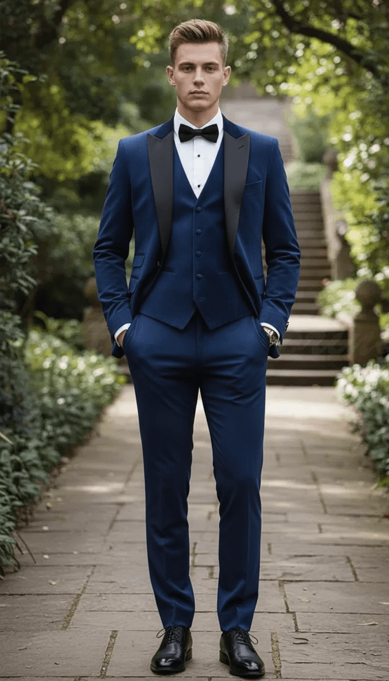 Man wearing a blue three-piece tuxedo with black lapels on a stone garden path.